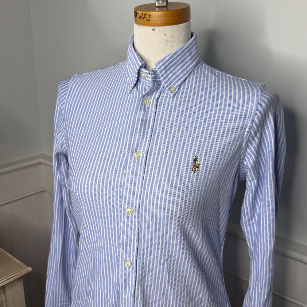 Ralph Lauren Womens Blue White Striped Knit Oxford Button Down Shirt Medium - Picture 2 of 8
